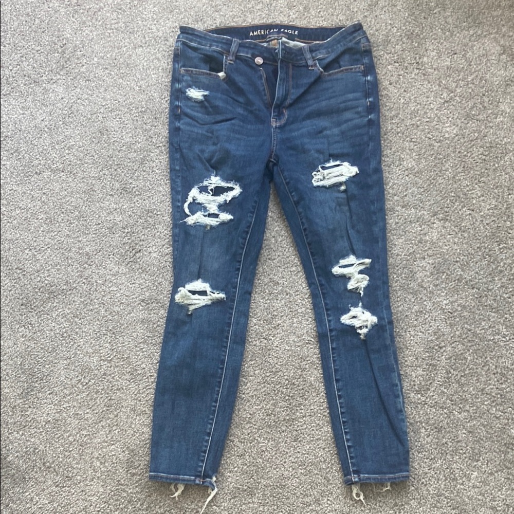 American Eagle Outfitters Women's Dark Blue Ripped Skinny Jeans